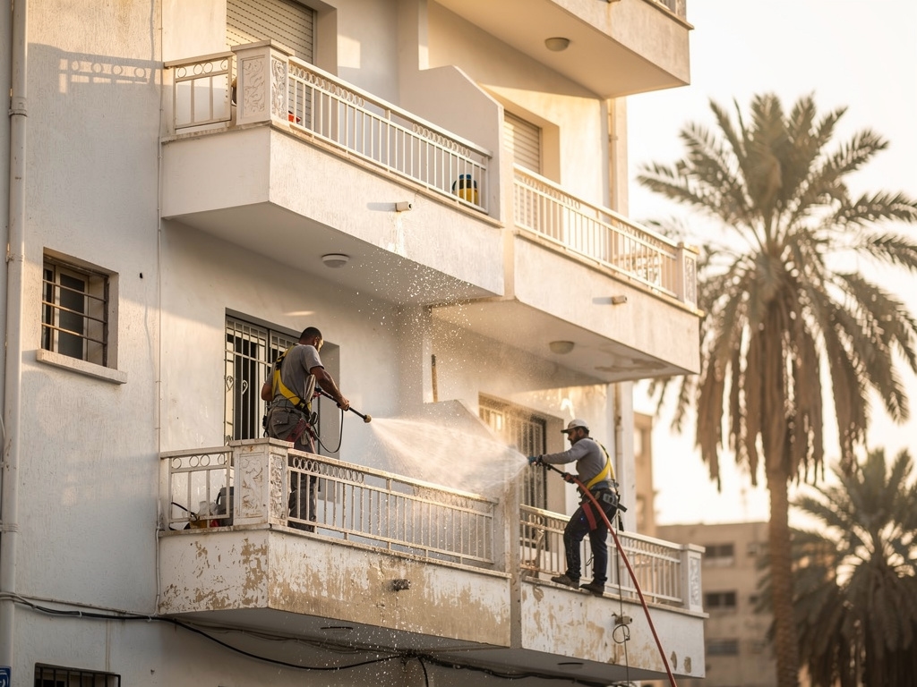 Workers cleaning balcony railings and exterior surfaces on a residential compound in Giza