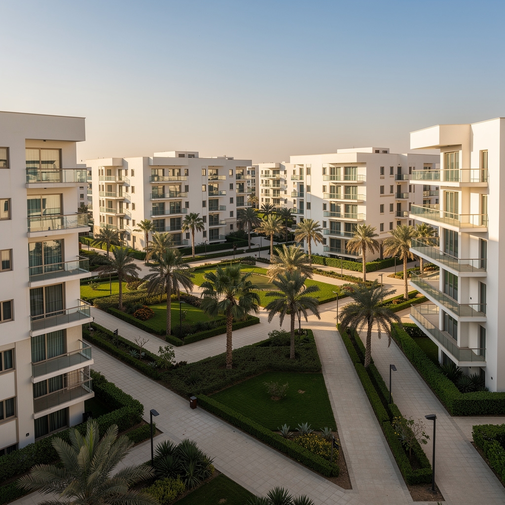 Wide view of a residential compound in New Cairo with clean white building facades