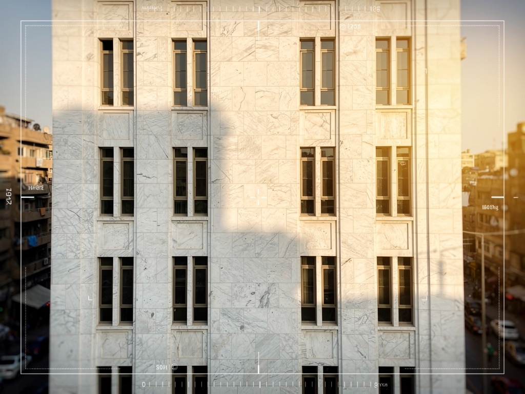 Spotlessly clean marble building facade prepared for a film production location in Cairo