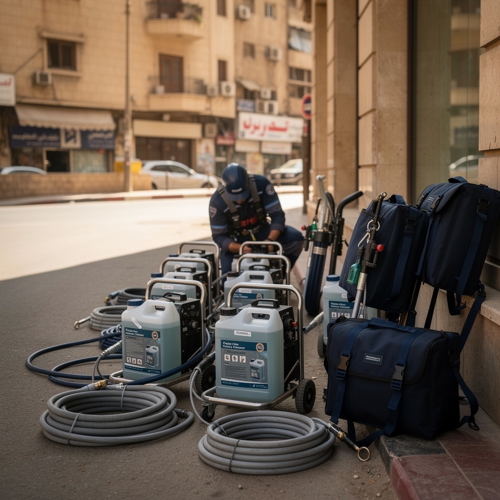 Professional facade cleaning equipment being prepared at a Cairo building site