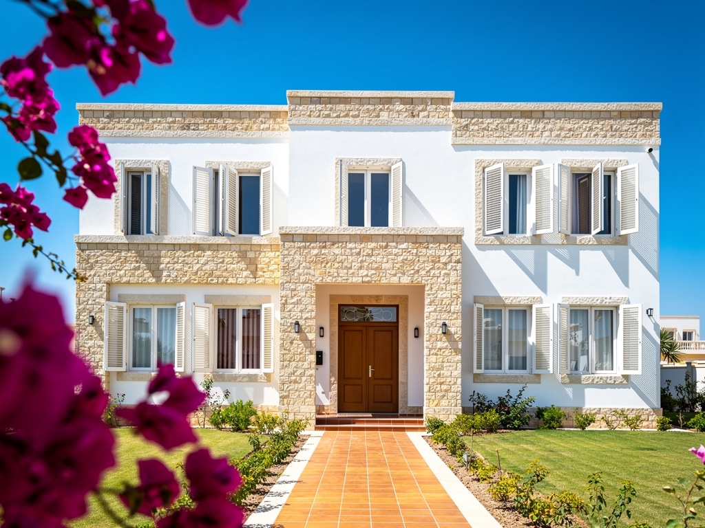 Clean white villa exterior at a North Coast compound with Mediterranean light