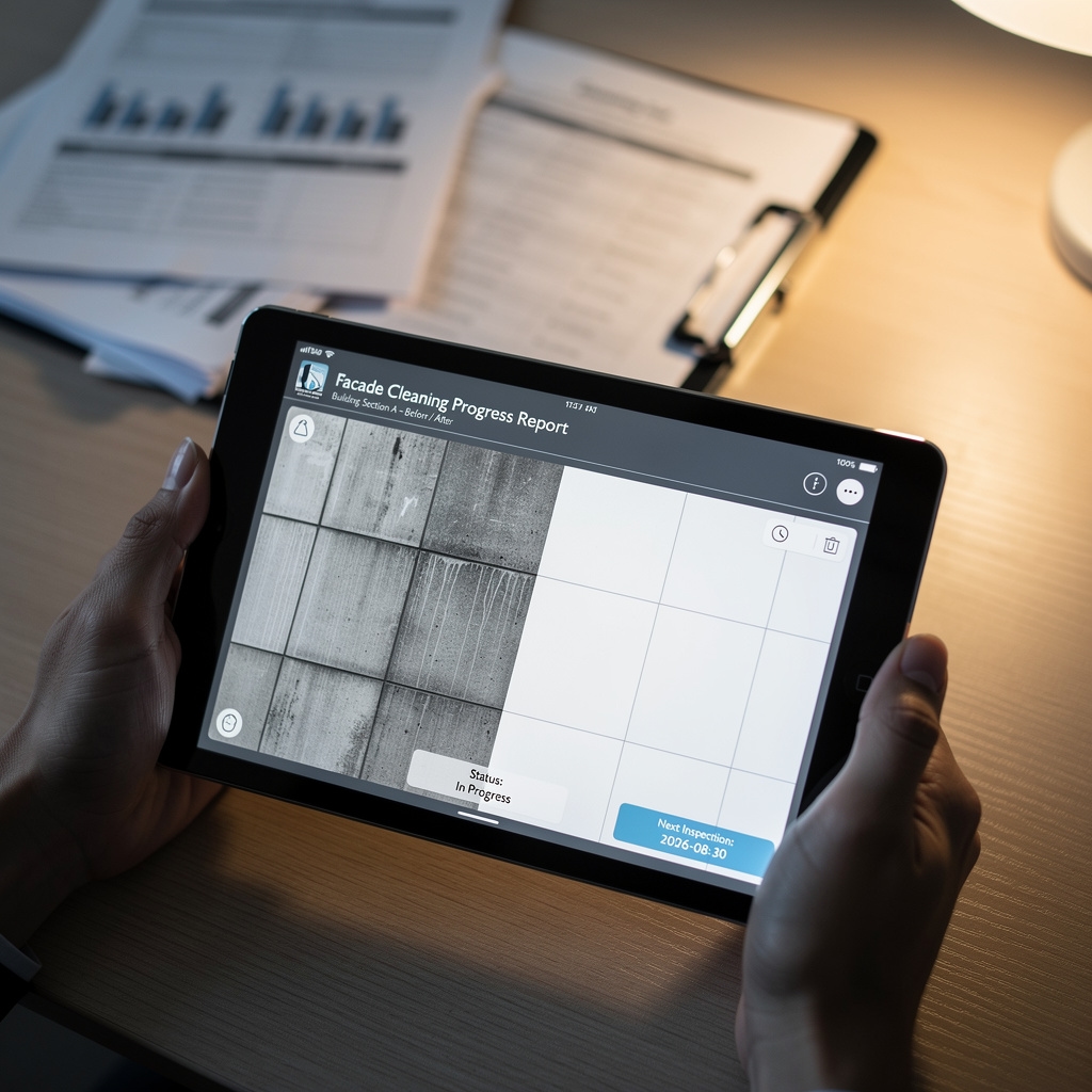 Tablet displaying a photographic before-and-after progress report for a facade cleaning project