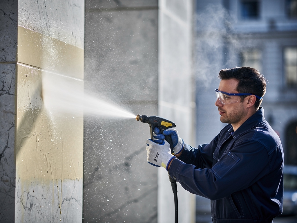 Technician pressure washing marble facade surface on a Cairo building