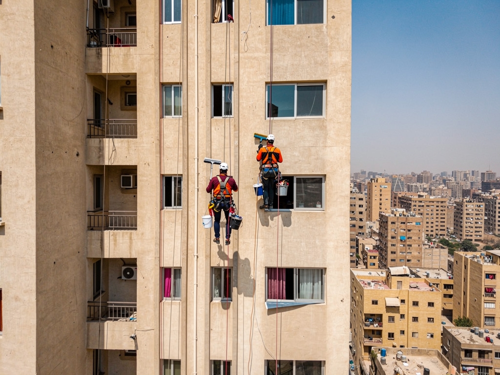 Rope access technician cleaning the upper floors of a high-rise building in Cairo