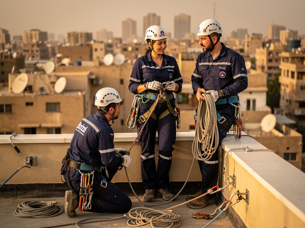 Brizzi Facades team preparing rope access equipment at a Cairo building site